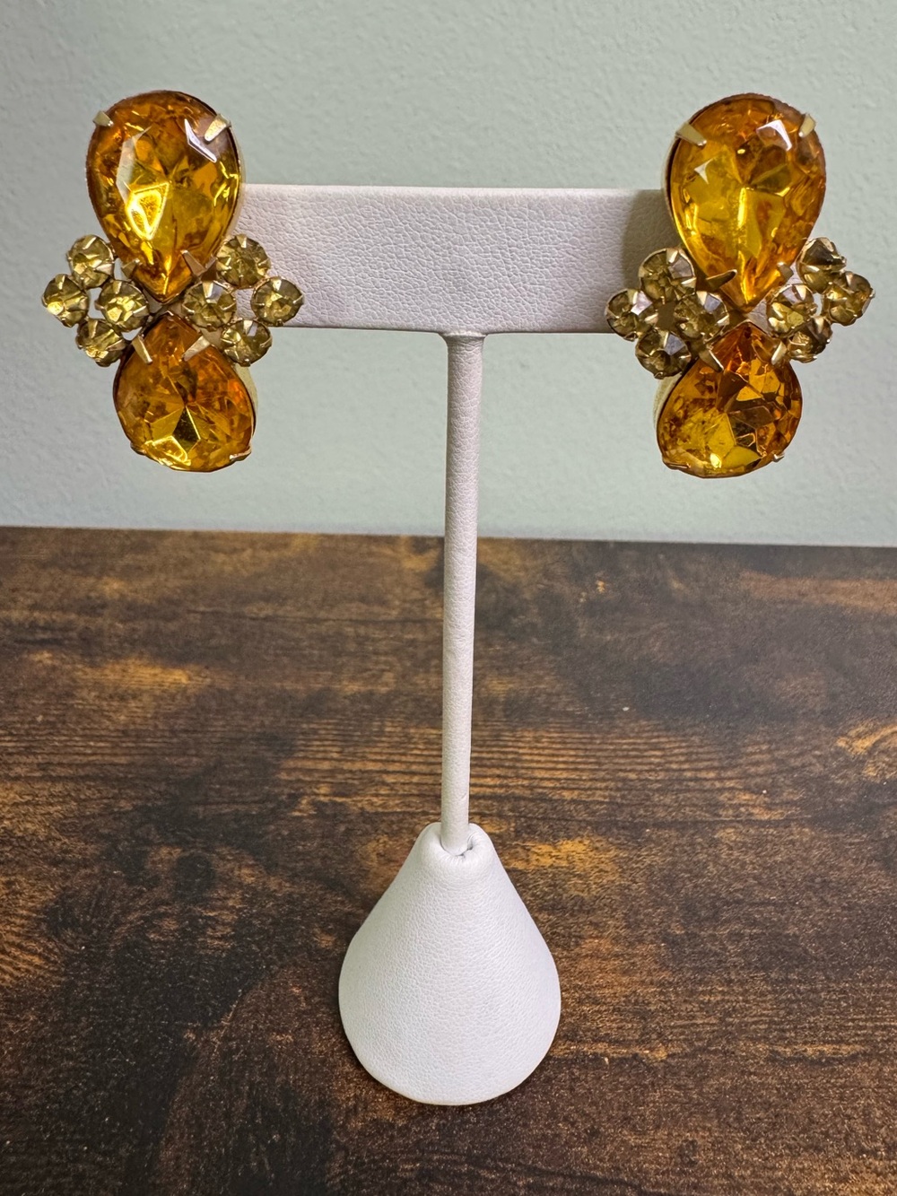 Golden Amber Teardrop Crystal Clip-On Earrings